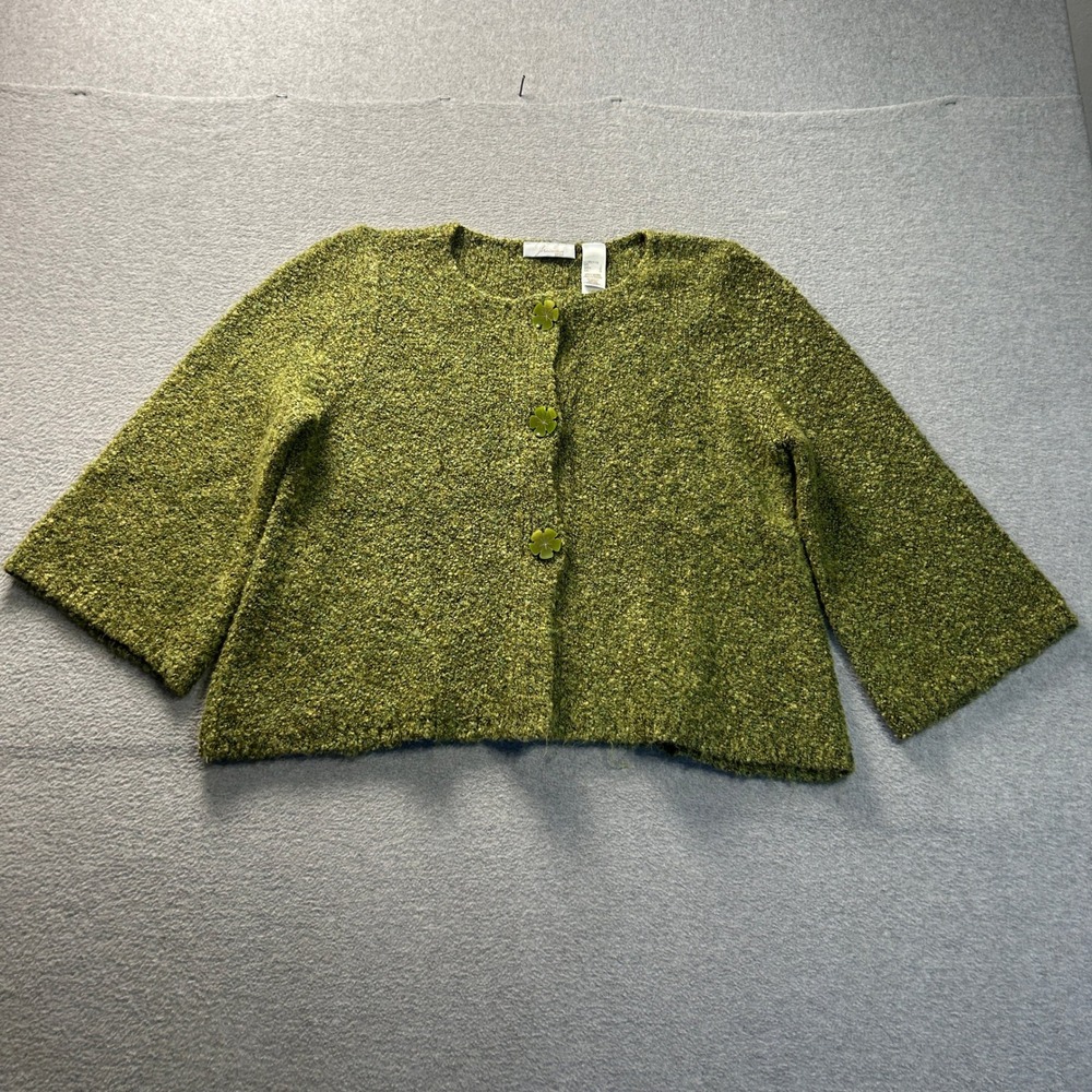 JH Collectibles Cardigan Sweater Petite Large Olive‎ Boucle Textured 3/4 Sleeve